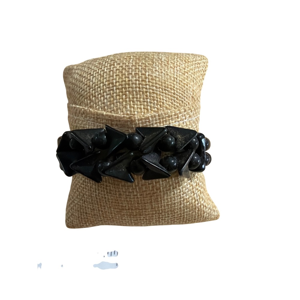 Vintage Black Geometric Pyramid Beaded Stretch Statement Bracelet Double Strand